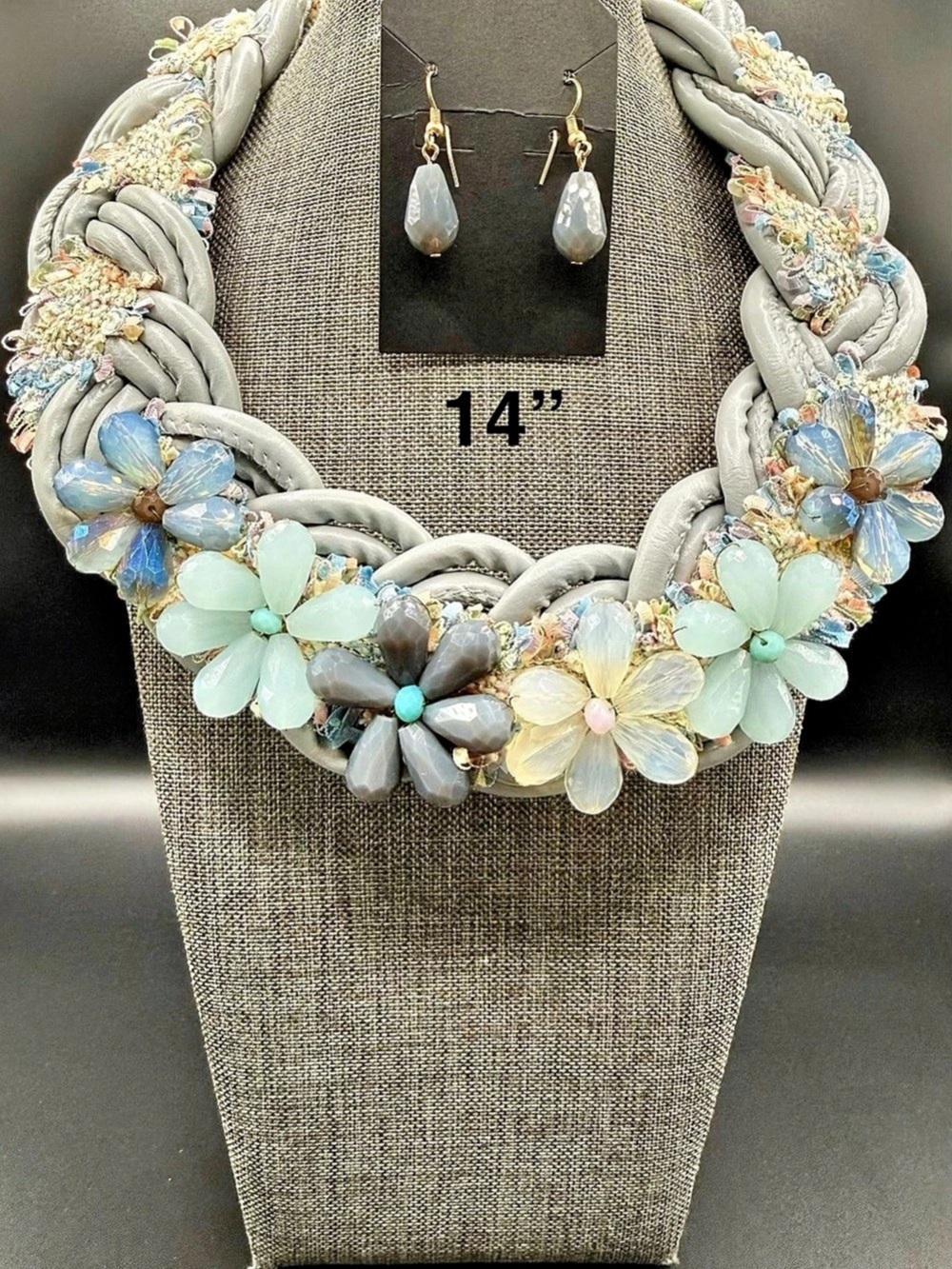 Blue & Gray Flower Statement Necklace Set
